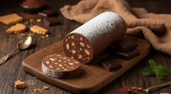 Salame di cioccolato ricetta con cacao, cosparso di zucchero a velo, su tagliere di legno. Biscotti, cioccolato e menta completano la scena.