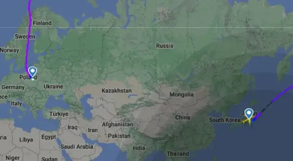 Trasa lotu z Polski do Japonii. Długi lot, który pokazuje, ile trwa lot do Japonii.