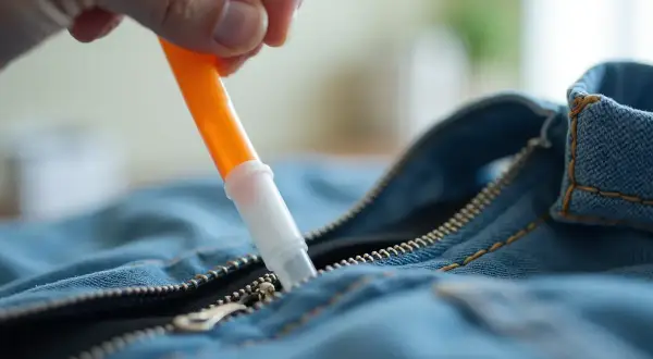 Dłoń z pomarańczowym aplikatorem, jak naprawić zamek w kurtce słomką.