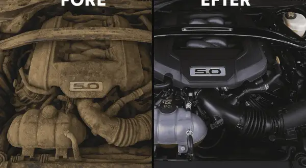 Före och efter-bild på en smutsig och en ren motor. Synliga motorns delar, inklusive "5.0"-emblemet, visar en dramatisk skillnad.