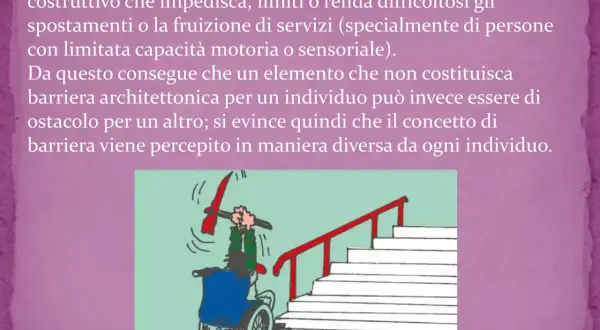 Persona in sedia a rotelle cerca di superare una scala, un esempio di barriere architettoniche.