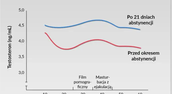 Wykres pokazuje, czy masturbacja obniża testosteron. Po 21 dniach abstynencji poziom testosteronu jest wyższy niż przed okresem abstynencji.