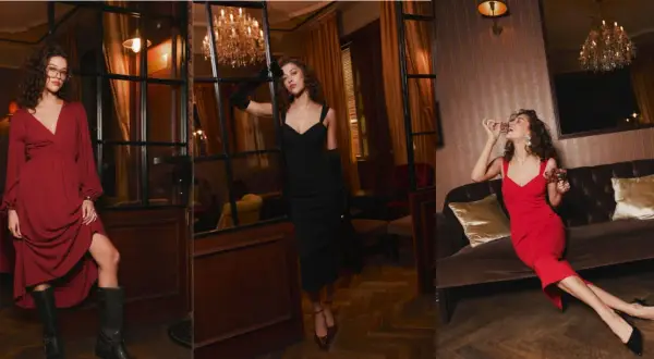 Eleganckie stylizacje na półmetek: czerwona sukienka z kozakami, czarna sukienka z rękawiczkami i czerwona sukienka z winogronami.