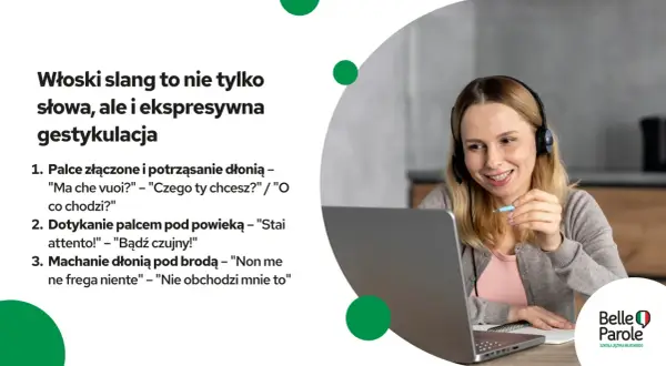 Kobieta z zestawem słuchawkowym uśmiecha się, ucząc włoskich gestów i słów. Włoski slang to nie tylko parole, ale i ekspresywna gesticulacja.