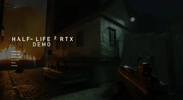 Menu gry Half-Life 2 RTX. Widać fragment broni, samochód i budynki w mroku.