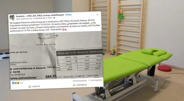 Faktura z sanatorium: pobyt 133,35 PLN, parking 189 PLN, paliwo 116 PLN. Całkowity koszt pobytu w sanatorium to 584,85 PLN.