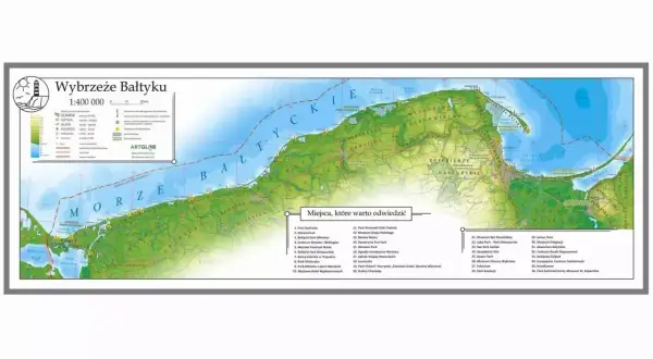 Mapa Wybrzeża Bałtyku z zaznaczonymi atrakcjami turystycznymi. Długość polskiego wybrzeża jest tu przedstawiona w skali 1:400 000.