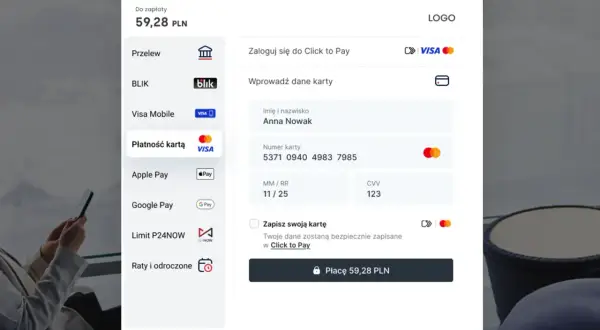 Płatność kartą 59,28 PLN na Przelewy24. Zapisz dane w Click to Pay, by ułatwić przyszłe transakcje. Czy masterpass co to? To system płatności.