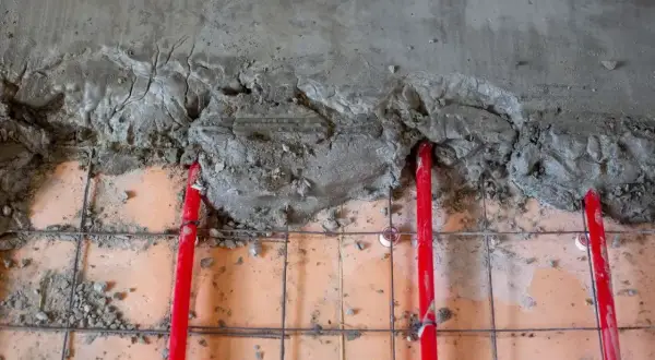 Budowa podłogi z ogrzewaniem podłogowym. Widać siatkę zbrojeniową, czerwone rurki i świeżą wylewkę cementową. Jaki cement na wylewki będzie najlepszy?
