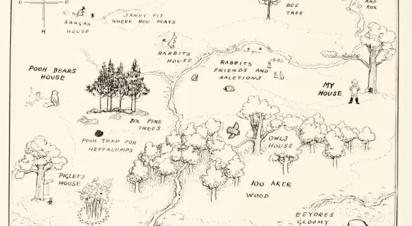 Mapa Stu Akrowego Lasu z Kubusiem Puchatkiem i przyjaciółmi. Znajdują się tu domy Kubusia, Prosiaczka, Królika, Kłapouchego, a także miejsca takie jak "Piaskownica, gdzie bawi się Kangurzyca" czy "Pułapka na Puchatki".