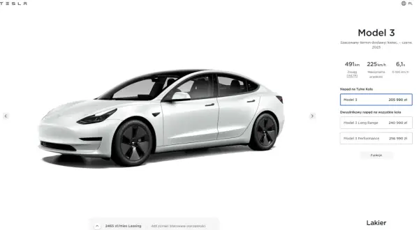 Biała Tesla Model 3 z napędem na tylne koła kosztuje 205 990 zł. To najtańsza opcja.
