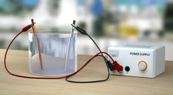 Eksperyment elektroliza wody: dwa elektrody w szklance z wodą, podłączone do zasilacza.