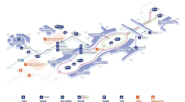 Plan de l'aéroport Roissy-CDG montrant les terminaux, les navettes, les trains RER B et les hôtels. La distance Roissy Paris centre est indiquée.