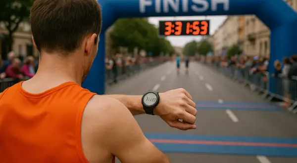 Coureur regardant sa montre avant de franchir la ligne d'arrivée, prêt à battre son record 10km.
