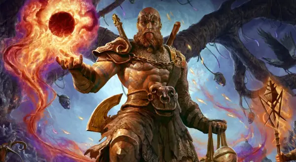 Potężny barbarzyńca z Diablo 4, emanujący mocą, tworzy ognistą kulę. Jego zbroja i broń sugerują idealny diablo 4 barbarzyńca build.