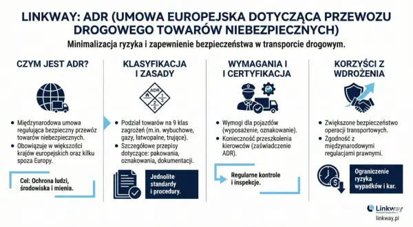 ADR to umowa regulująca przewóz towarów niebezpiecznych. Wyjaśnia, czym jest ADR, jego klasyfikację, wymagania i korzyści.