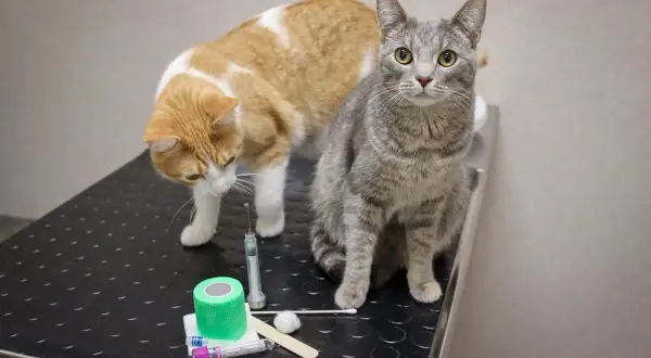 Two cats, one orange and white, the other grey tabby, sit on a vet table near medical supplies. They might be anticipating vaccinations and potential reactions.