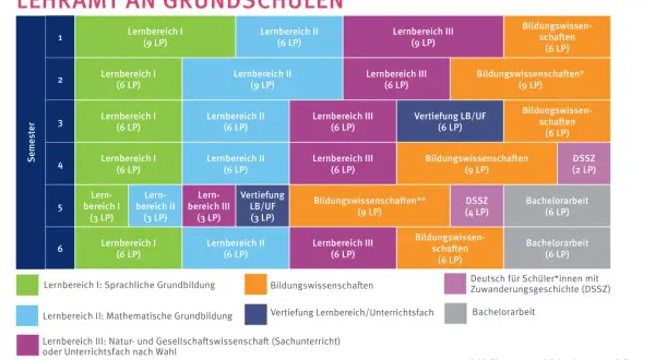 Studienverlauf Bachelor of Education: Lehrämter an Grundschulen. Zeigt Module wie Lernbereiche, Bildungswissenschaften und Praktika. Kunst auf Lehramt ist hier ein möglicher Schwerpunkt.