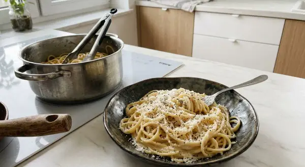 Gotowy do podania talerz spaghetti cacio e pepe, obok garnek z makaronem. Prosty przepis na pyszny obiad.