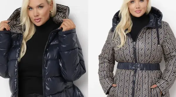 Dwie modne kurtki plus size: błyszcząca granatowa i wzorzysta z paskiem.