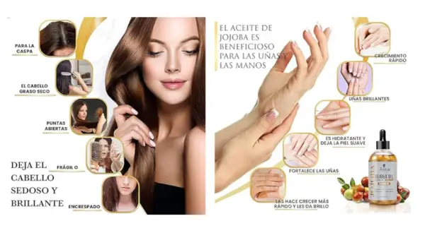 El aceite de jojoba propiedades: mejora el cabello seco, puntas abiertas, caspa, y fortalece uñas, dejándolas suaves y brillantes.