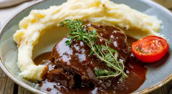 Pyszny schab w sosie własnym, podany z kremowym purée ziemniaczanym i pieczonym pomidorkiem.
