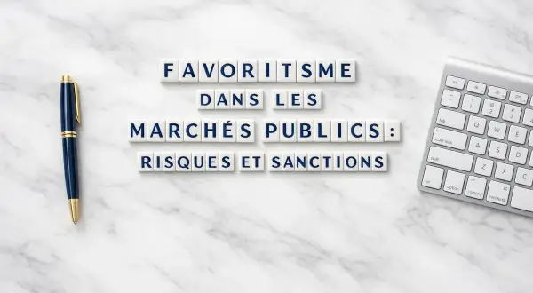 Le favoritisme dans les marchés publics : risques et sanctions. Un stylo et un clavier sur fond marbre, évoquant la paperasse et les décisions importantes.