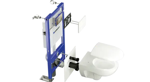 Vue éclatée d'un système Geberit pour le raccordement wc suspendu, montrant le bâti-support, la plaque de déclenchement et la cuvette.