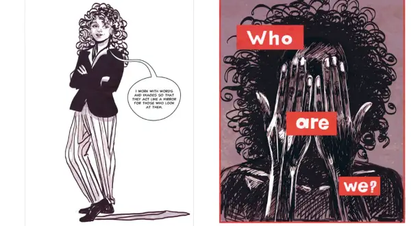 Contemporary feminist art: a woman with curly hair in a suit speaks of mirrors, while another figure hides their face behind hands, with text asking "Who are we?".