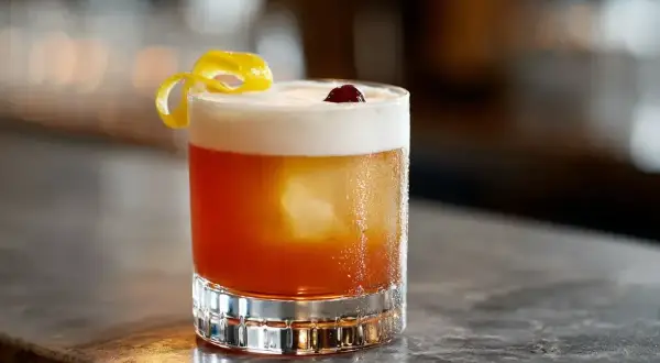 En Amaretto Sour med skummig topp, citronskal och körsbär. Perfekt för en mysig kväll.