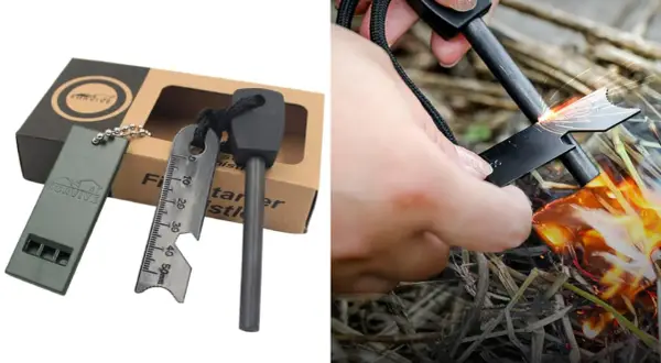 Kit de supervivencia con pedernal, silbato y raspador para encender fuego en la naturaleza.