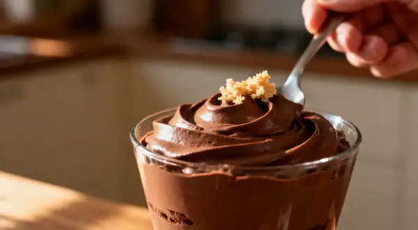 Une cuillère plonge dans une coupe de recette mousse au chocolat onctueuse, garnie de miettes dorées.