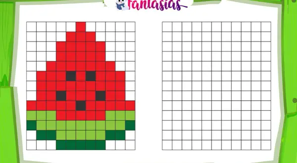 Hoja de actividades con dibujos pixel art faciles y bonitos de una sandía para colorear.
