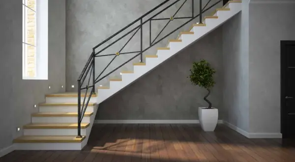 Nowoczesne schody z żywicy, z metalową balustradą i drewnianymi stopniami. Elegancki dodatek do każdego wnętrza, który podkreśla jego styl.