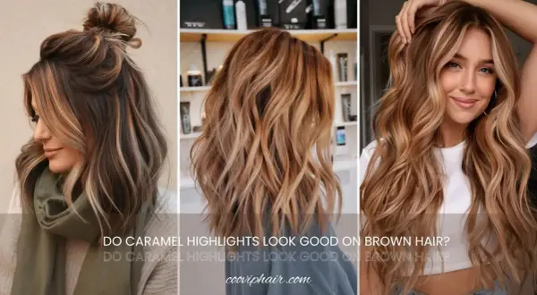 Drei Frauen mit stilvollen Frisuren, die braune Haare mit Highlights in Karamelltönen zeigen.