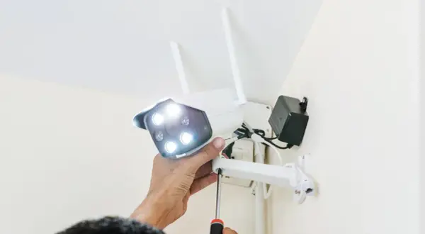 Montaż kamery zewnętrznej wifi. Ręka dokręca śrubę mocującą kamerę do uchwytu.