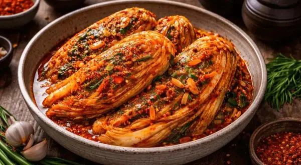 Hela kålhuvuden täckta med en kryddig röd pasta, redo för fermentering. Ett perfekt kimchi recept att prova!