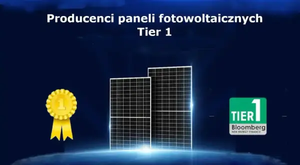 Producenci paneli fotowoltaicznych Tier 1: złoty medal, dwa panele i logo Bloomberg.