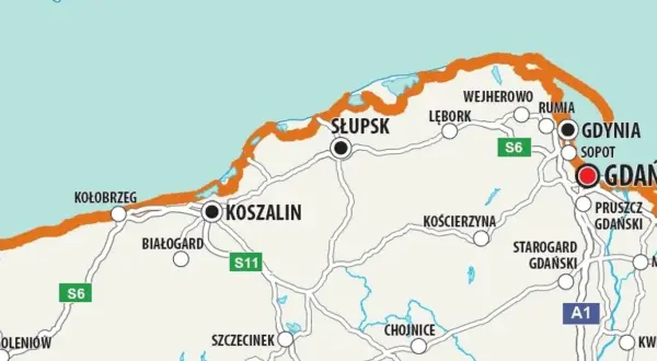 Mapa Polski z zaznaczoną pomarańczową trasą rowerową nad morzem, biegnącą od Kołobrzegu przez Koszalin, Słupsk, Lębork, Wejherowo, Rumię, Gdynię, Sopot aż do Gdańska.