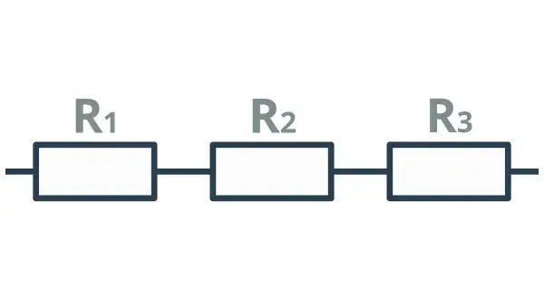 Schemat obwodu elektrycznego z trzema rezystorami R1, R2, R3 połączonymi szeregowo.