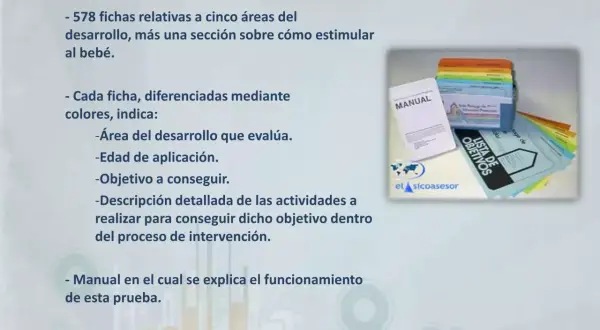 Material de la Guía Portage: fichas de desarrollo por colores, manual y lista de objetivos para estimular al bebé.
