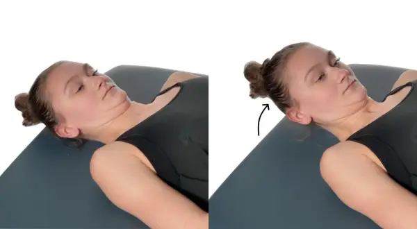 Demonstration of neck training: a woman lies on her back, then tilts her head to the side, showing what neck training does for flexibility.
