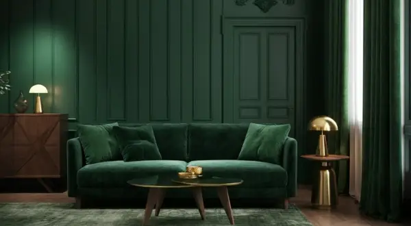 Ein Wohnzimmer in tiefem Grün, wo Wand und Decke in gleicher Farbe gestrichen sind, schafft eine luxuriöse Atmosphäre. Ein Samtsofa und goldene Akzente ergänzen den Look.