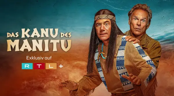 Das Kanu des Manitu" streamt exklusiv auf RTL+. Zwei Männer, einer im Indianer-Look, der andere im Western-Stil, blicken überrascht.