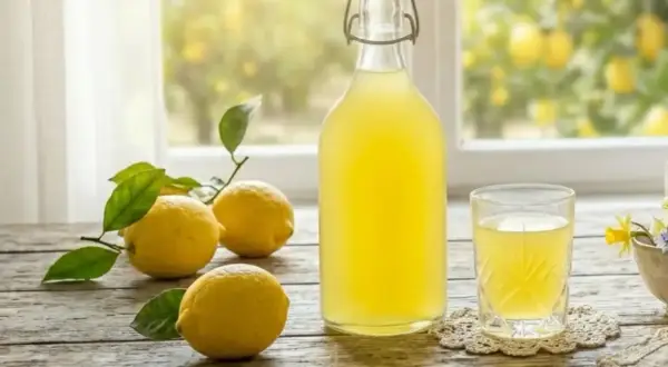 Limoncello fatto in casa: limoni freschi, una bottiglia e un bicchiere di liquore giallo brillante. Ricetta limoncello 1 litro alcool.