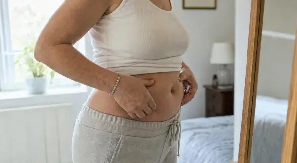 Donna si tocca la pancia, forse per un test per pancia gonfia, guardandosi allo specchio.
