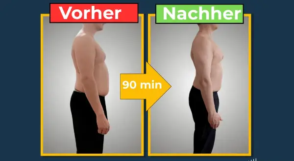 Vorher-Nachher-Vergleich: Ein Mann mit leichtem Witwenbuckel verbessert seine Haltung nach 90 Minuten Training.