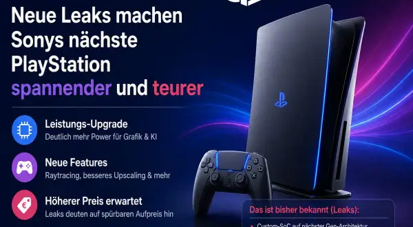 Die PlayStation 6, mit Controller und Konsole, verspricht mehr Leistung und Features. Leaks deuten auf einen höheren Preis und Release 2027 hin.