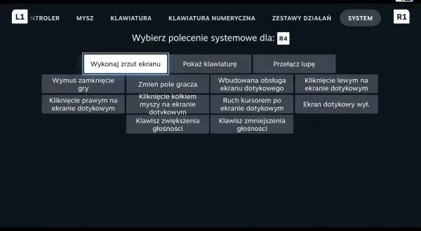Menu ustawień kontrolera Steam z opcją "Wykonaj zrzut ekranu" podświetloną.