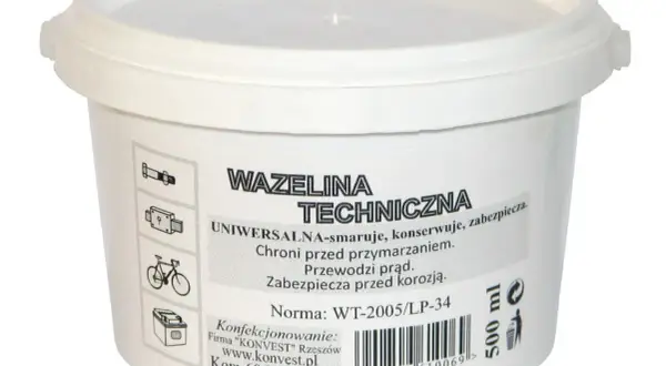 Białe wiaderko z etykietą: WAZELINA TECHNICZNA. Uniwersalna, chroni przed przymarzaniem i korozją. Idealna do konserwacji.